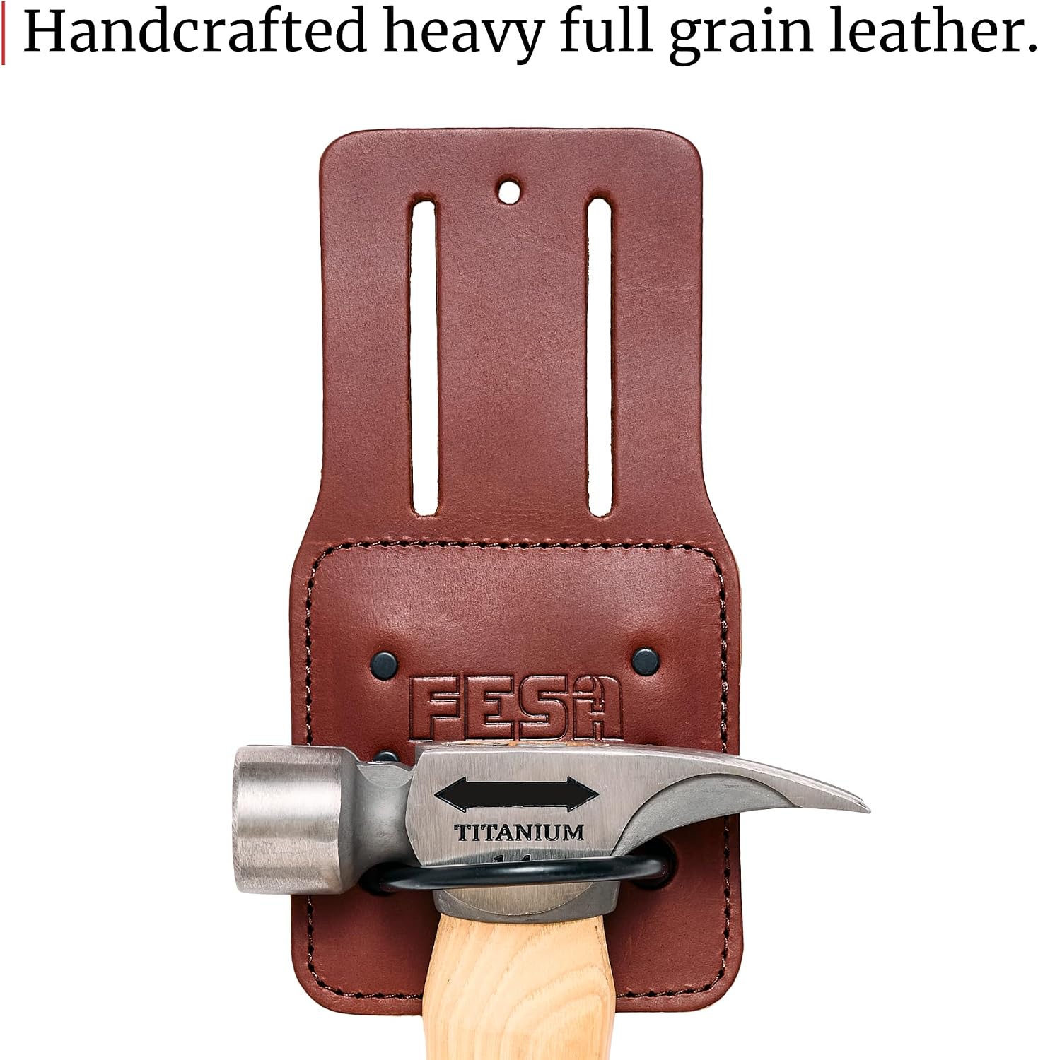 FESA Leather Hammer Holder for Belt - Top Grain Leather Hammer Holster with Steel Hammer Loop & Reinforced Heavy Duty Rivets - Fits Belts up to 3" - Handcrafted