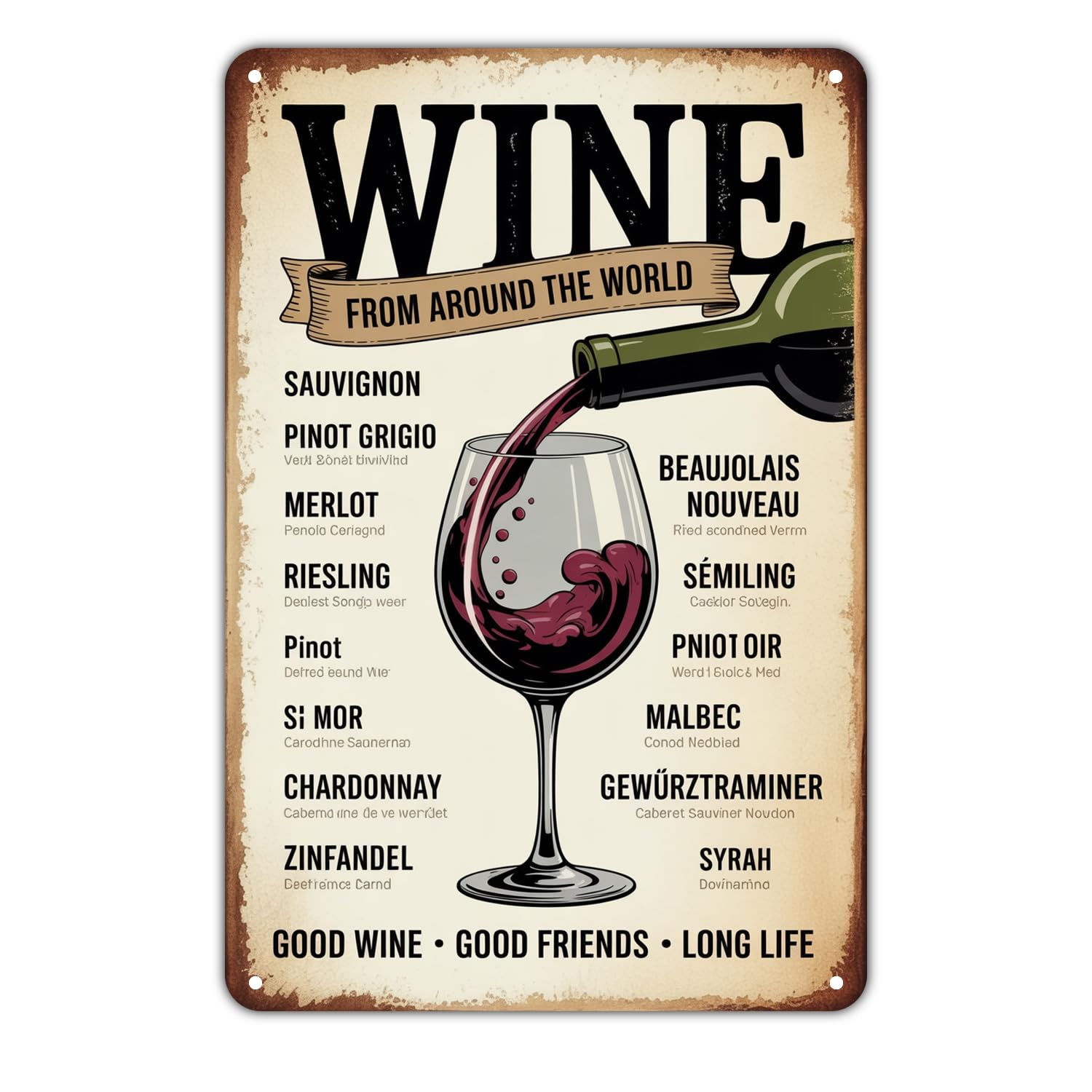 Wine Varieties Tin Sign Vintage Wine Around The World Metal Sign Print Aesthetic Metal Tin Sign 8X12 Inch