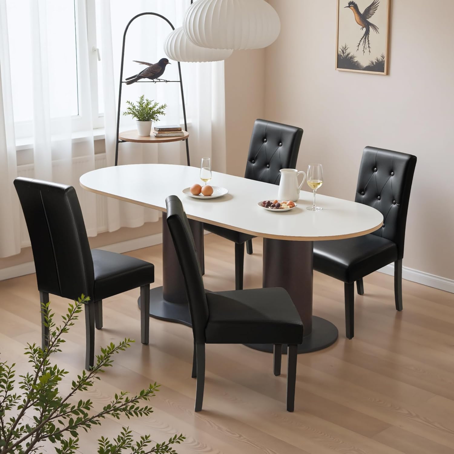 Furmax Upholstered Dining Chairs Set of 2, PU Leather Dinning Room Chairs, Button Tufted Kitchen Chairs with Adjustable Wood Legs for Dining Room/Living Room/Restaurant (Leather Black, 2)