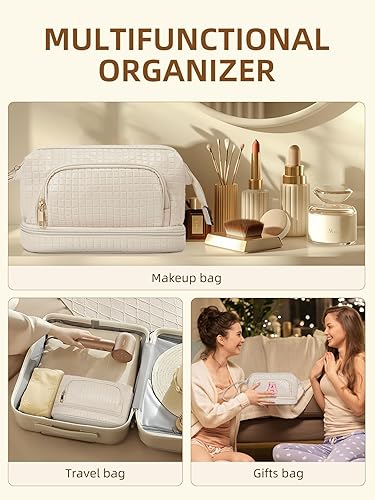 Miniatura 6 de Telena Bolsa de maquillaje de gran capacidad, bolsas de cosméticos de viaje de doble capa, bolsa de maquillaje portátil de cuero para mujeres,