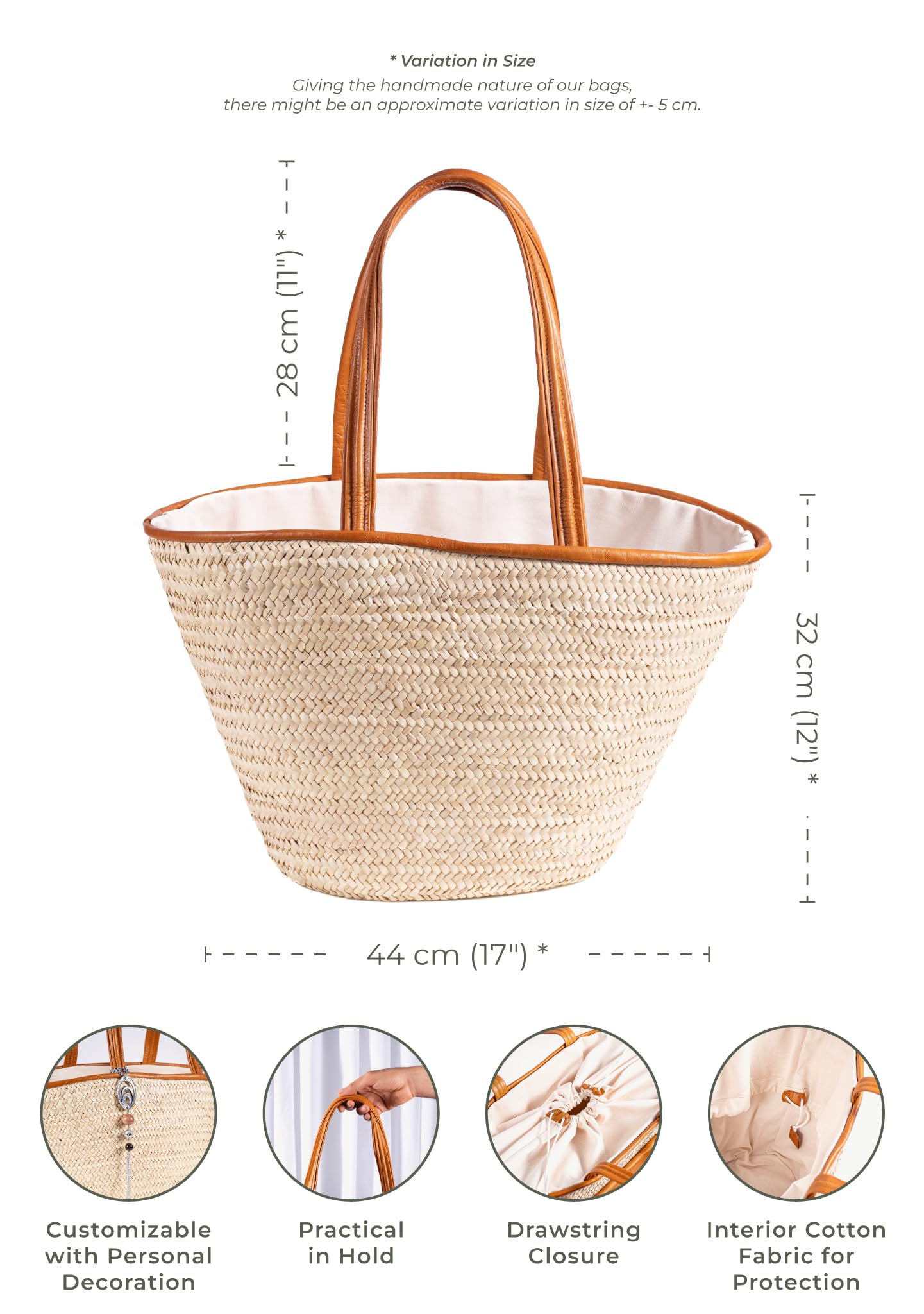 Sac de courses - En Osier Naturel - Avec Doublure et Poche - Finitions et Poignée en Cuir - Pratique, grande capacité et Multi-usage