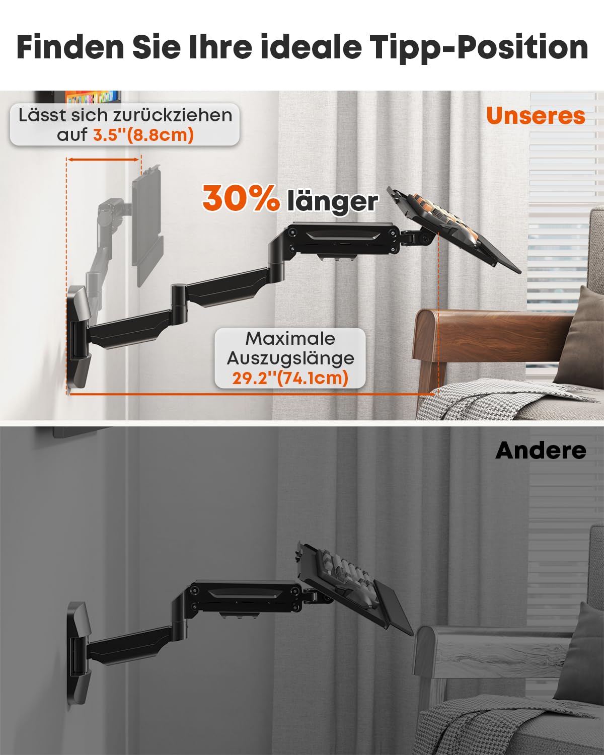 Extra Langes Wandhalterung Tastaturablage 65,4cm – Vollbewegliche Schreibplattform mit Gasfederarm, Schwenkbar & Höhenverstellbar, Tragfähigkeit bis 9 kg, Schwarz