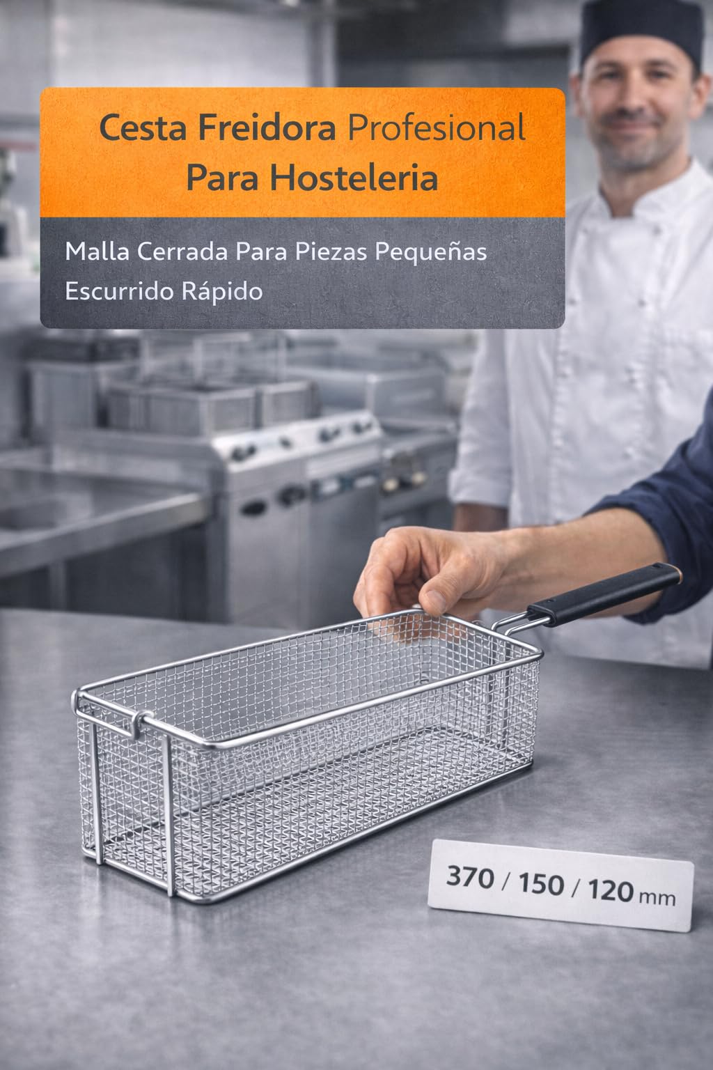 RO Linea Blanca ® Cesta Freidora Inox 370x150x120mm Malla Reforzada Mango Aislante Gancho Escurrido Repuesto Hosteleria Compatible con Angelo Po Compatible con Sagi