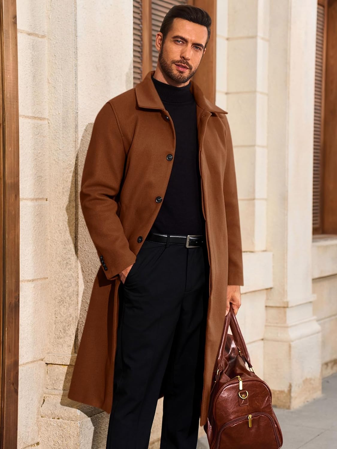 Runcati Mens Long Trench Coat Single Breasted Lapel Overcoat Casual Fall Winter Warm Peacoat - Image 2