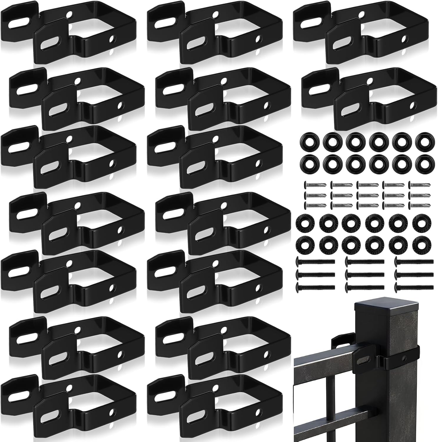 8 Pcs 2 Inch Square Steel Fence Brackets with Screws and Bolts Black Heavy Duty Fence Railing Brackets Metal Connectors for Post and Panel Connection, Accessories of Metal Fencing Border