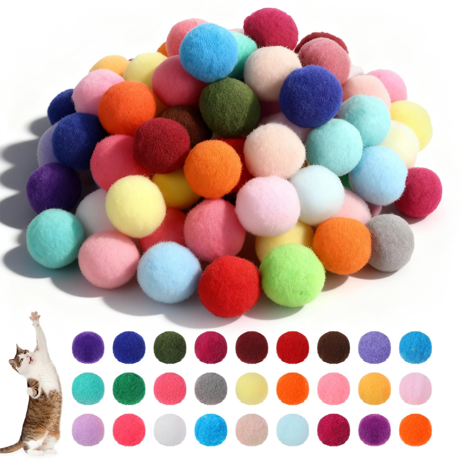Photo 1 of 100Pcs Soft Pom Pom Balls, Multicolored Cat Toy Ball, Faux Fur Kitten Balls, Plush Quiet Ball Bulk for Home Indoor Outdoor Cats Pet Interactive Playing Exercising DIY Craft Decoration (0.92 in)