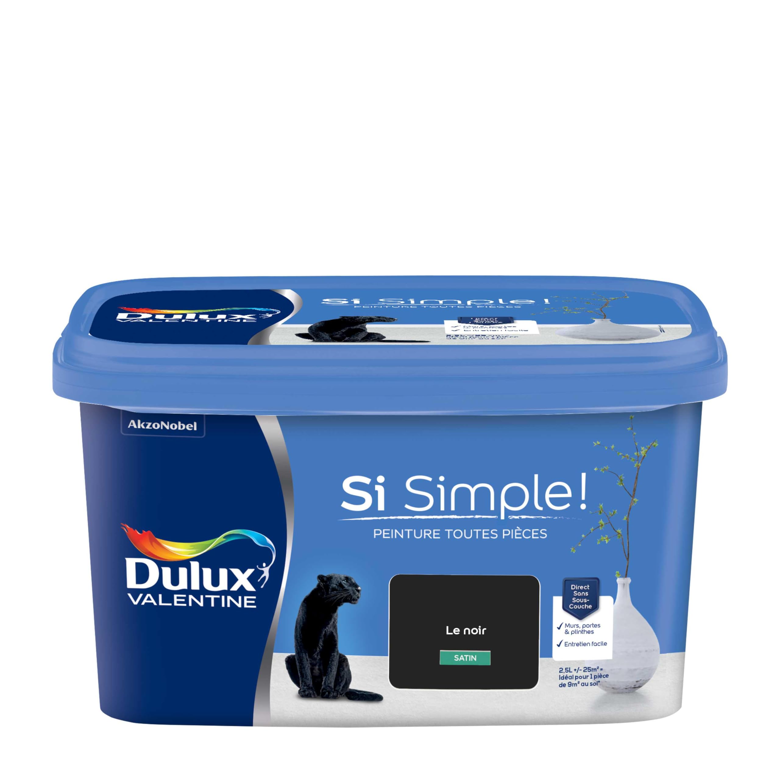 Dulux Valentine Peinture Intérieure Toutes Pièces – Peinture Mur et Plafond, Porte et Plinthe, Noir Satin 2,5 L