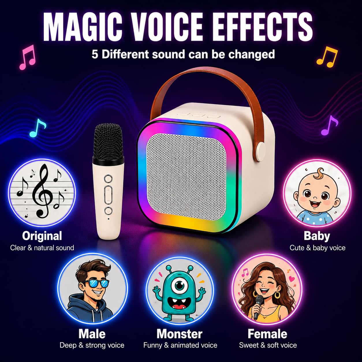 Rechargeable Karaoke Mic with Speaker for Singing | Wireless Mini Portable Bluetooth Speaker with Microphone & LED Lights | Birthday Gift for Kids, Musical Toys for Boys & Girls — Amazon image 3