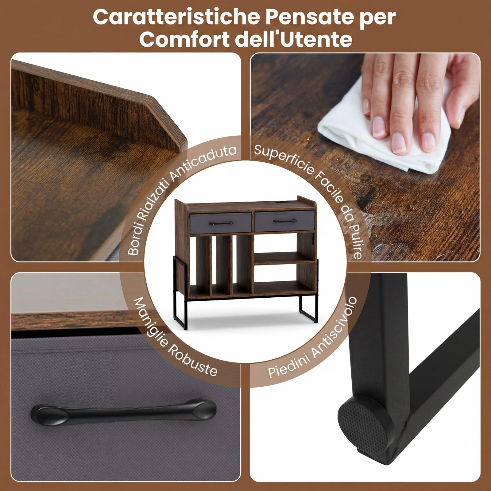 COSTWAY Supporto per Giradischi in Vinile, Mobile per Giradischi con Stazione di Ricarica, 2 Cassetti Rimovibili in Tessuto e Ripiano Regolabile, Supporto Porta Dischi Vinile per Soggiorno, Studio