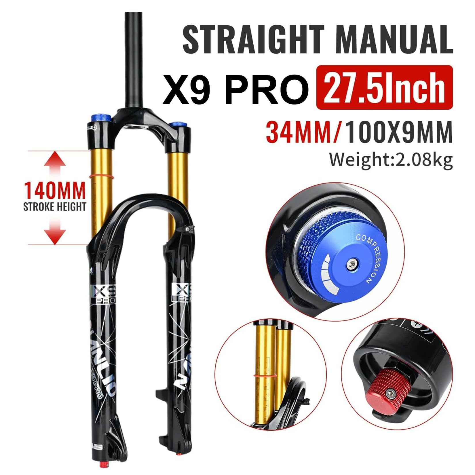 Fourche Avant de VTT à Suspension pneumatique, Compatible avec Les Tailles 26/27,5/29 Pouces, avec Amortissement et détente réglables et débattement de 140/160 mm.