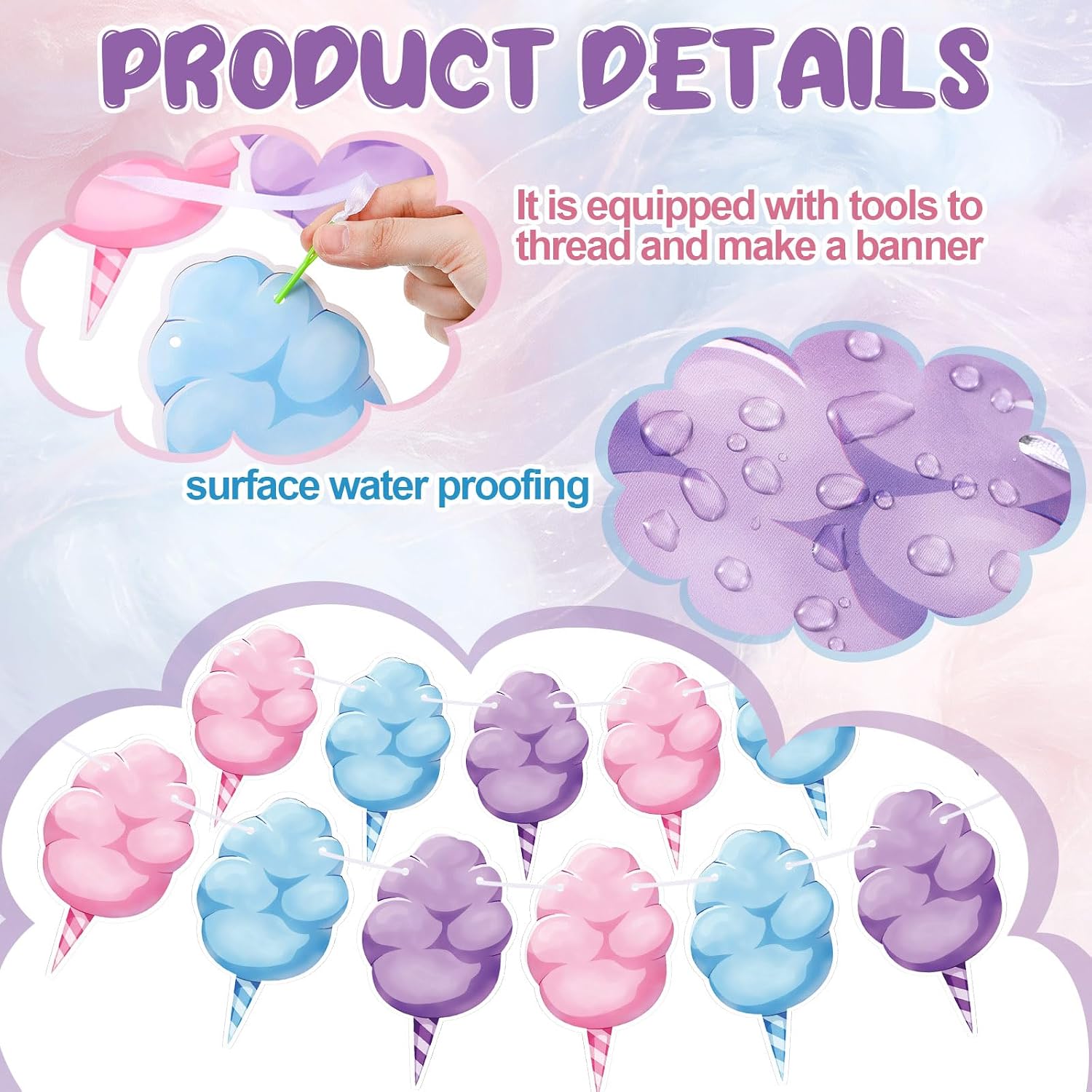 Sabary 3 Sets 6" Tall Cotton Candy Garland Decoration Cotton Candy Banner for Carnival Birthday Party Favor Decoration Party Supplies