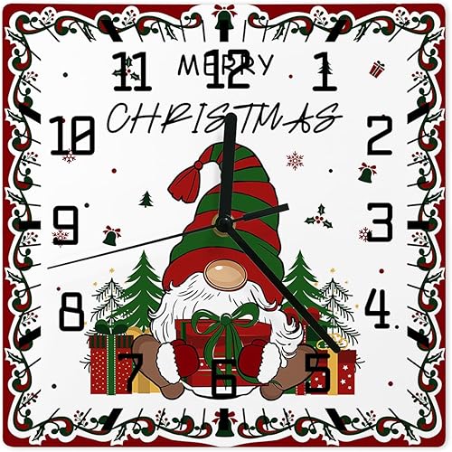 Reloj de pared cuadrado silencioso sin tictac, caja de regalo de gnomos de Navidad, árbol de Navidad, copo de nieve, relojes de pared con pilas,