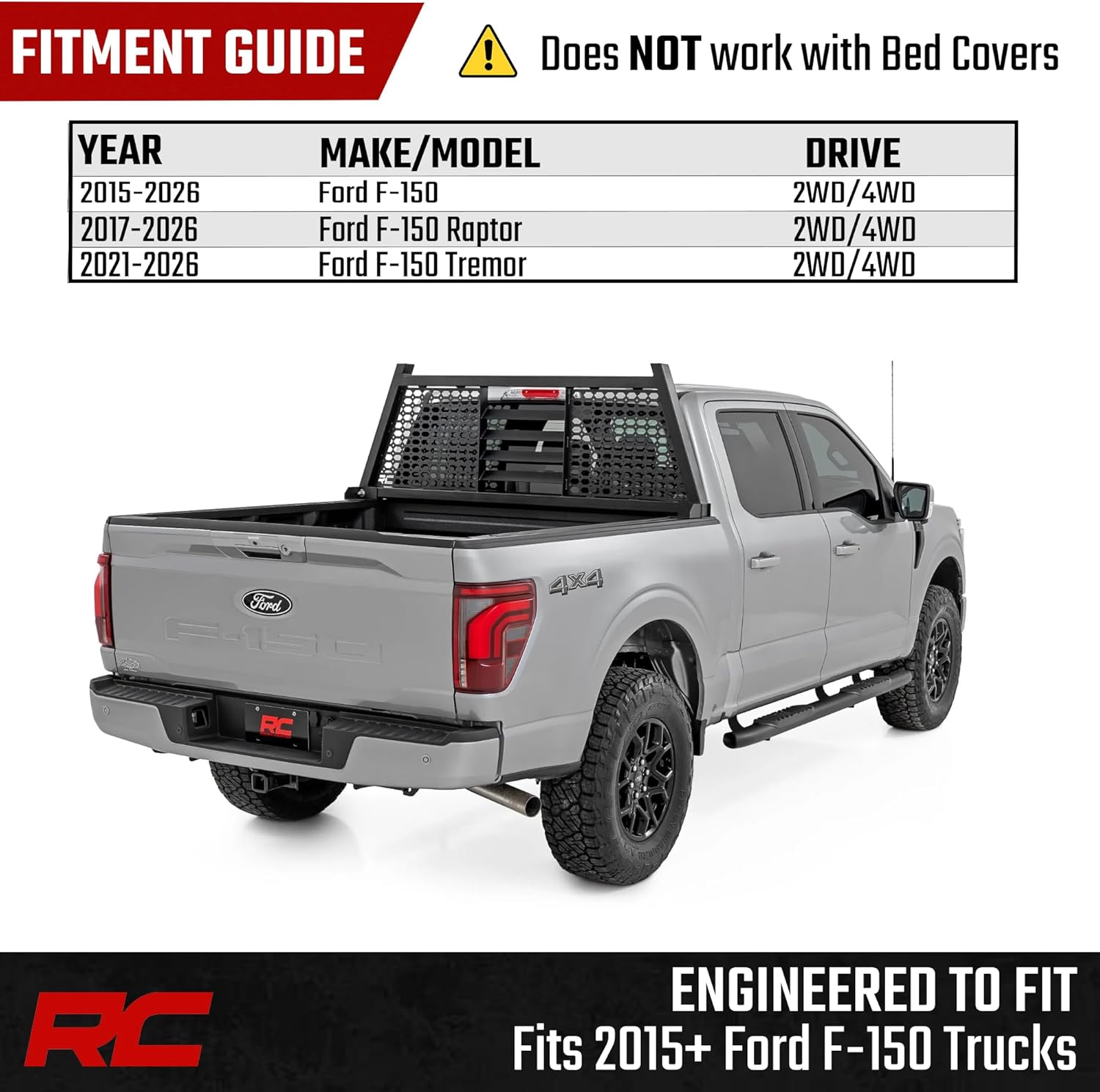 Rough Country Headache Rack for Ford F-150 2WD/4WD (2015–2026) – 2x3 Steel Cab Guard w/Dual Molle Panels, No-Drill Install