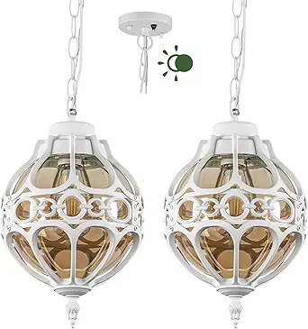 Dusk To Dawn Globe Outdoor Pendant Lights, White Porch Hanging Lantern Pendant Lighting, Outside Aluminum Waterproof Adjustable Ceiling Light, Vintage Amber Glass Exterior Chandelier 2 Pack