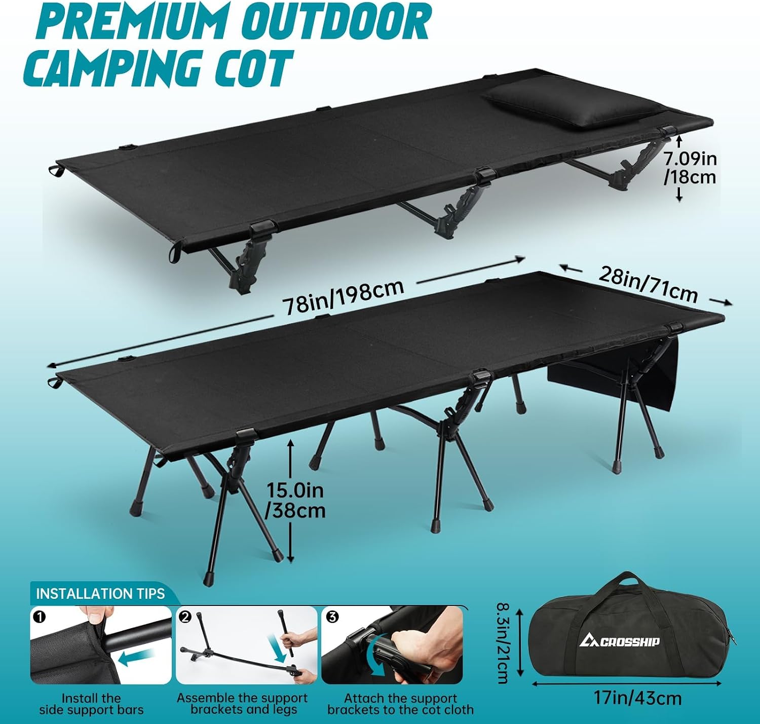 Backpacking Camping Cot - Silent Foot Pads & Sleeping Cots for Adults & Kids with Inflatable Pillow for Camping, Hiking, Lounging & Elevated Sleeping, 78" X 28" X 15" Comfortable Cot Bed - Black