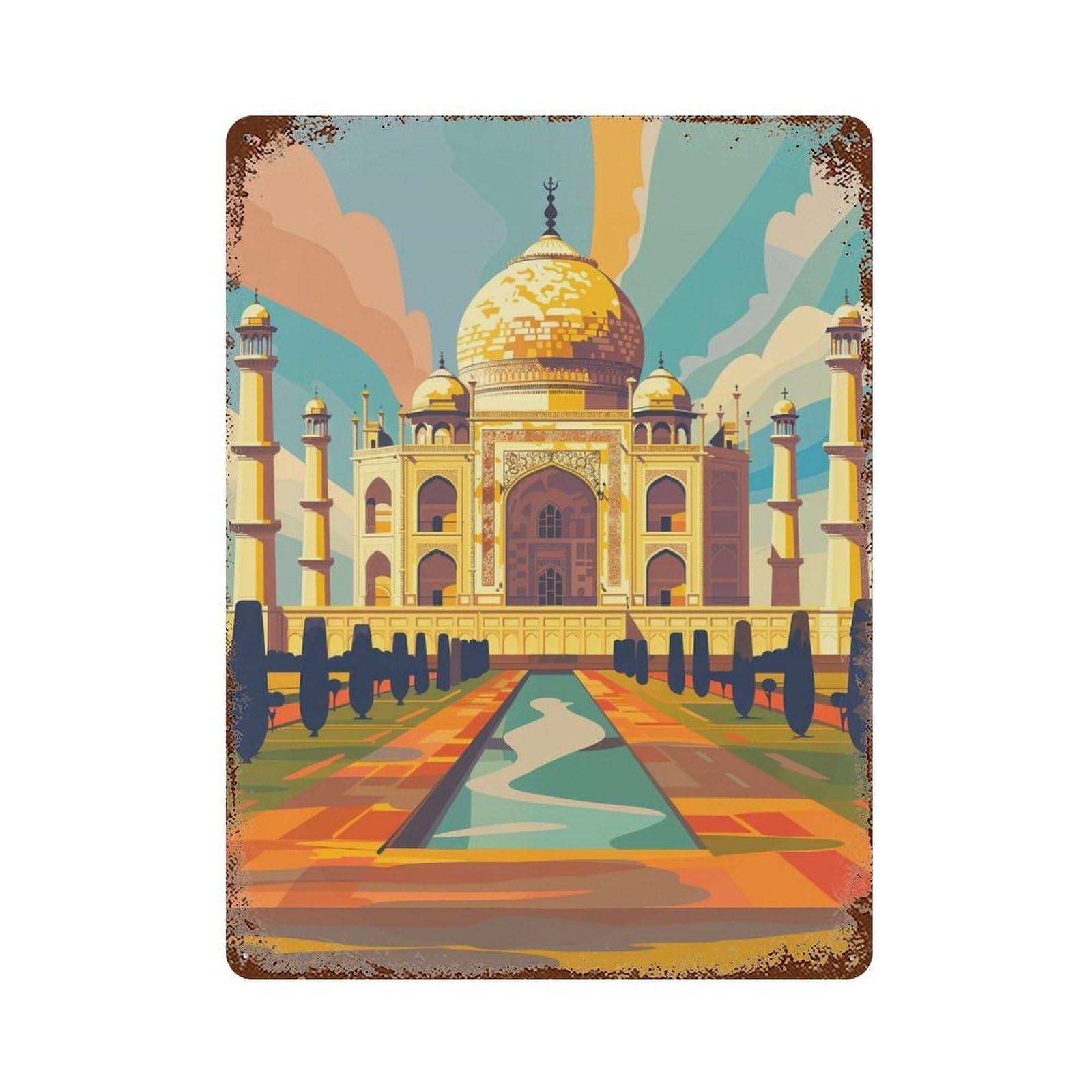 Distressed Metal Wall Sign with Taj Mahal Illustration Design 15.7"x11.8", for Farmhouse, Kitchen And Entryway Decor, Old School Wall Decor