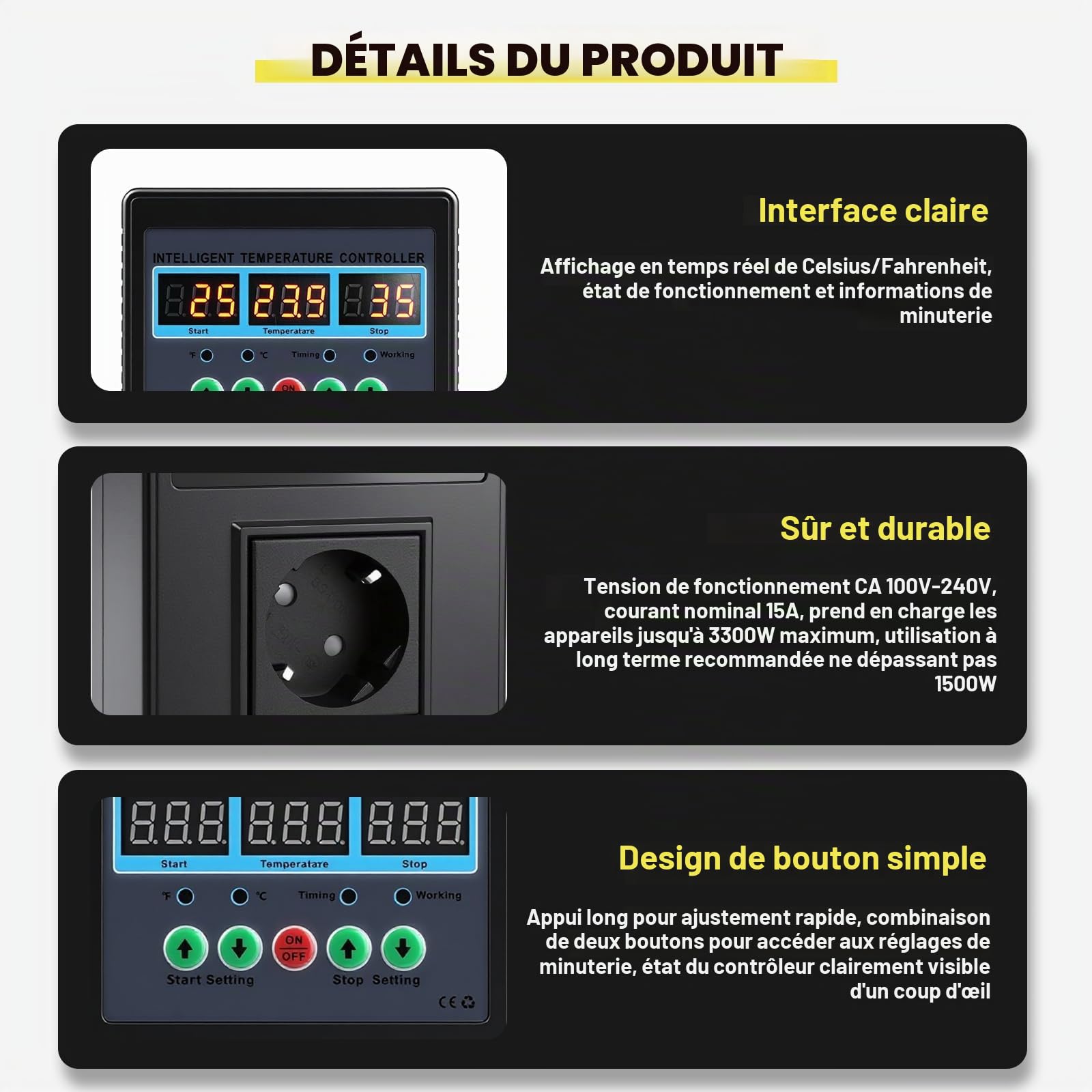 Régulateur de Température Numérique Thermostat Chauffage Refroidissement Module de Contrôleur de Température prise Thermostat Chauffage pour Terrarium,Reptile,Incubateur,Serre (EU)
