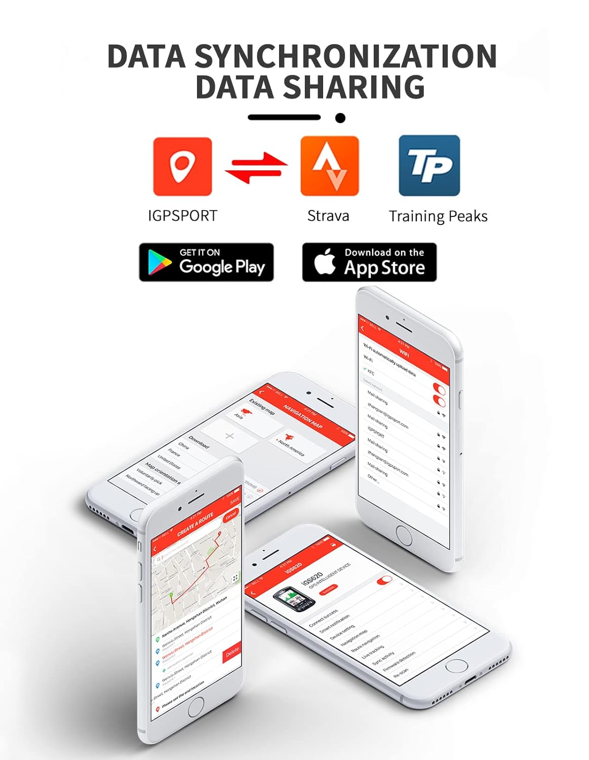 Screenshots of the iGPSPORT app on a smartphone, showing data synchronization with Strava and TrainingPeaks logos.