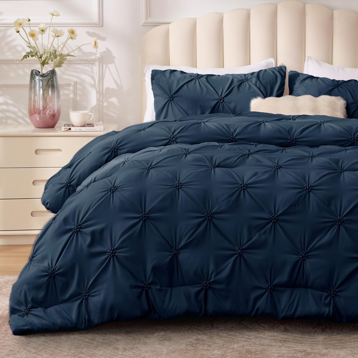 BEDELITE Navy Queen Comforter Set - 3 Pieces Boho Pintuck Bedding Comforter Sets, Lightweight Soft & Warm Bed Comforter Queen with 2 Pillowcases for All Season Navy Queen(88"x88")