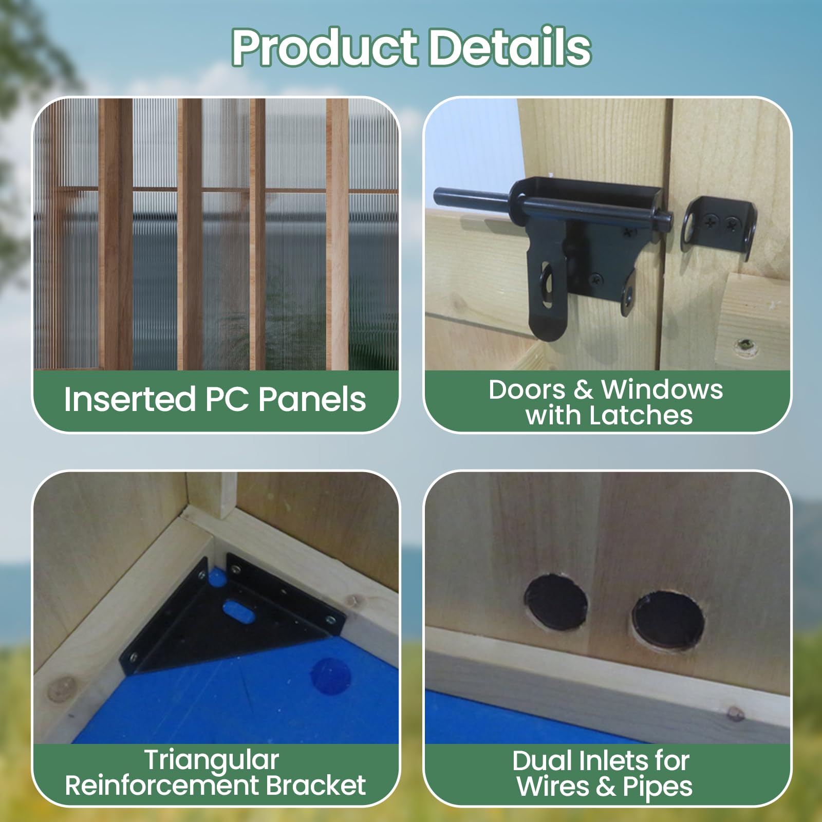 Invernadero de madera de 8 x 9.2 x 8.2 pies, casa verde con estantes y ganchos para plantas, diseño de techo inclinado, barra de metal única, ventanas de panel de policarbonato de 6 mm resistentes a