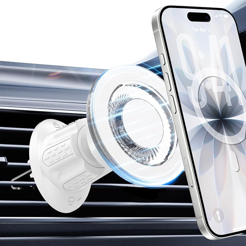 Suporte magnético de celular para carro com MagSafe, 22 ímãs N55, fixação na saída de ar, Hoarahloux, branco