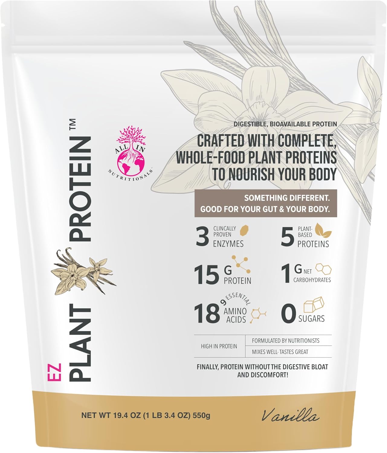 All In Nutritionals EZ Plant Protein. Plant Protein Powder with Fermented Rice, Pumpkin Seed & Pea, Sacha Inchi, Digestive Enzymes, Gluten-Free, Non-GMO, 15g Protein, Vanilla Flavor, 25 Servings