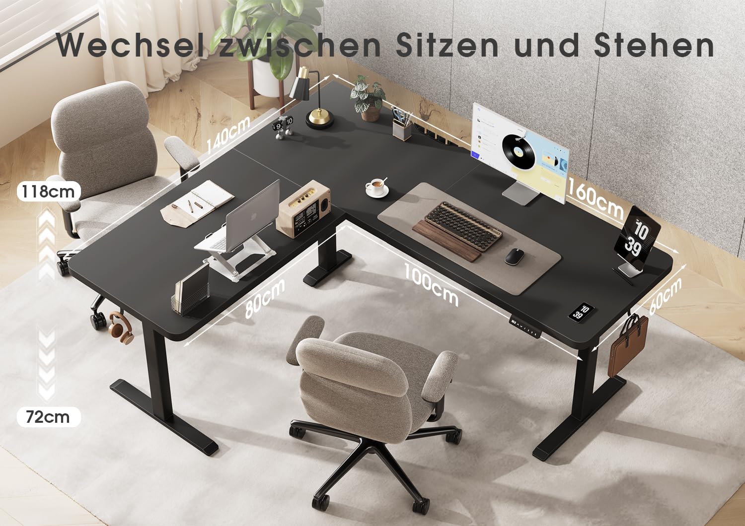 Devoko Höhenverstellbarer Schreibtisch L Form, L-förmig Schreibtisch Höhenverstellbar Elektrisch, Eckschreibtisch Ergonomischer Steh-Sitz Tisch Computertisch