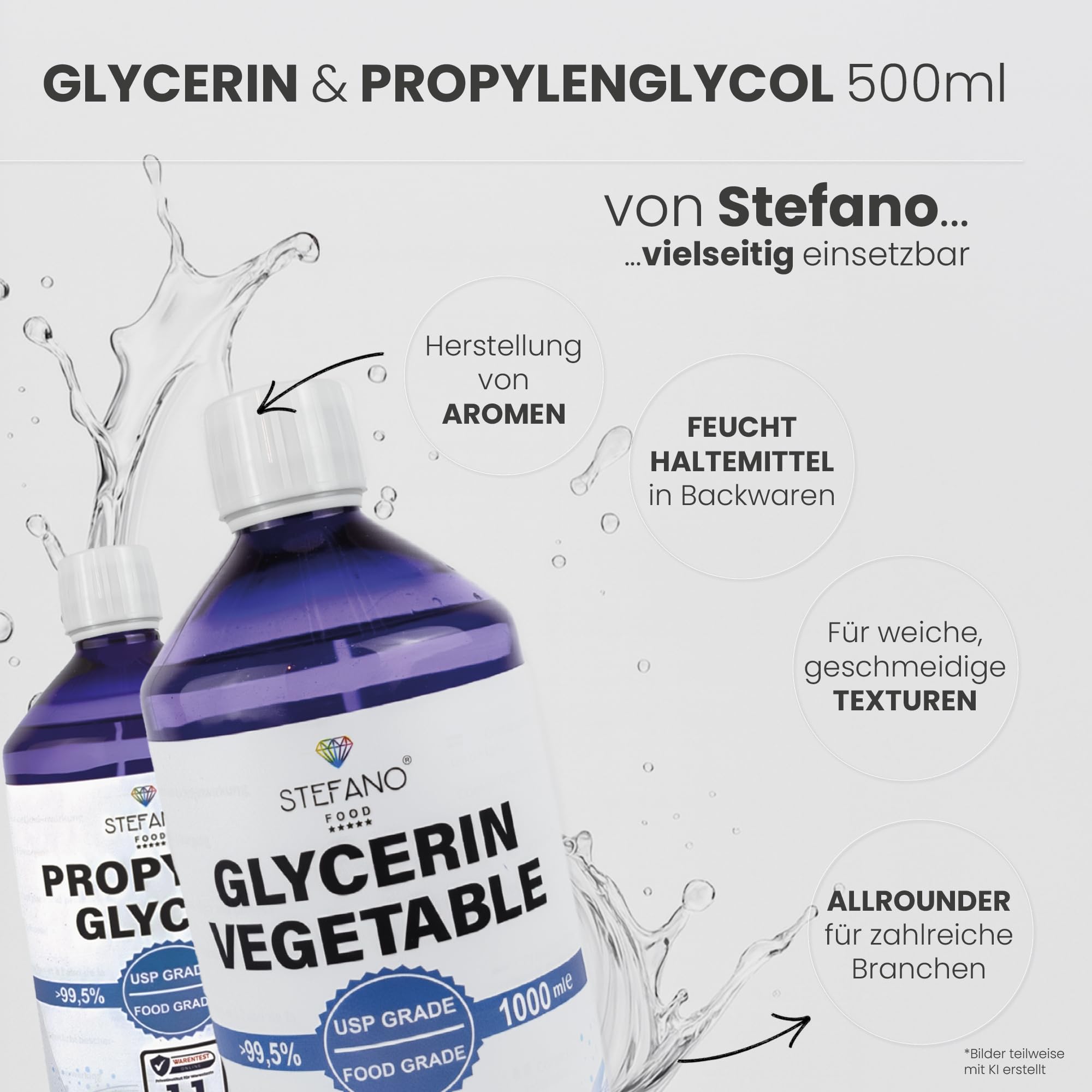 Glycerin (VG) 99,7% + Propylenglycol (PG) 99,8% - 2x1000ml flüssig [Set] - 100% Pflanzenbasiert - USP & Lebensmittelqualität - E422+E1520 - Flasche versiegelt mit Sicherheitsverschluß
