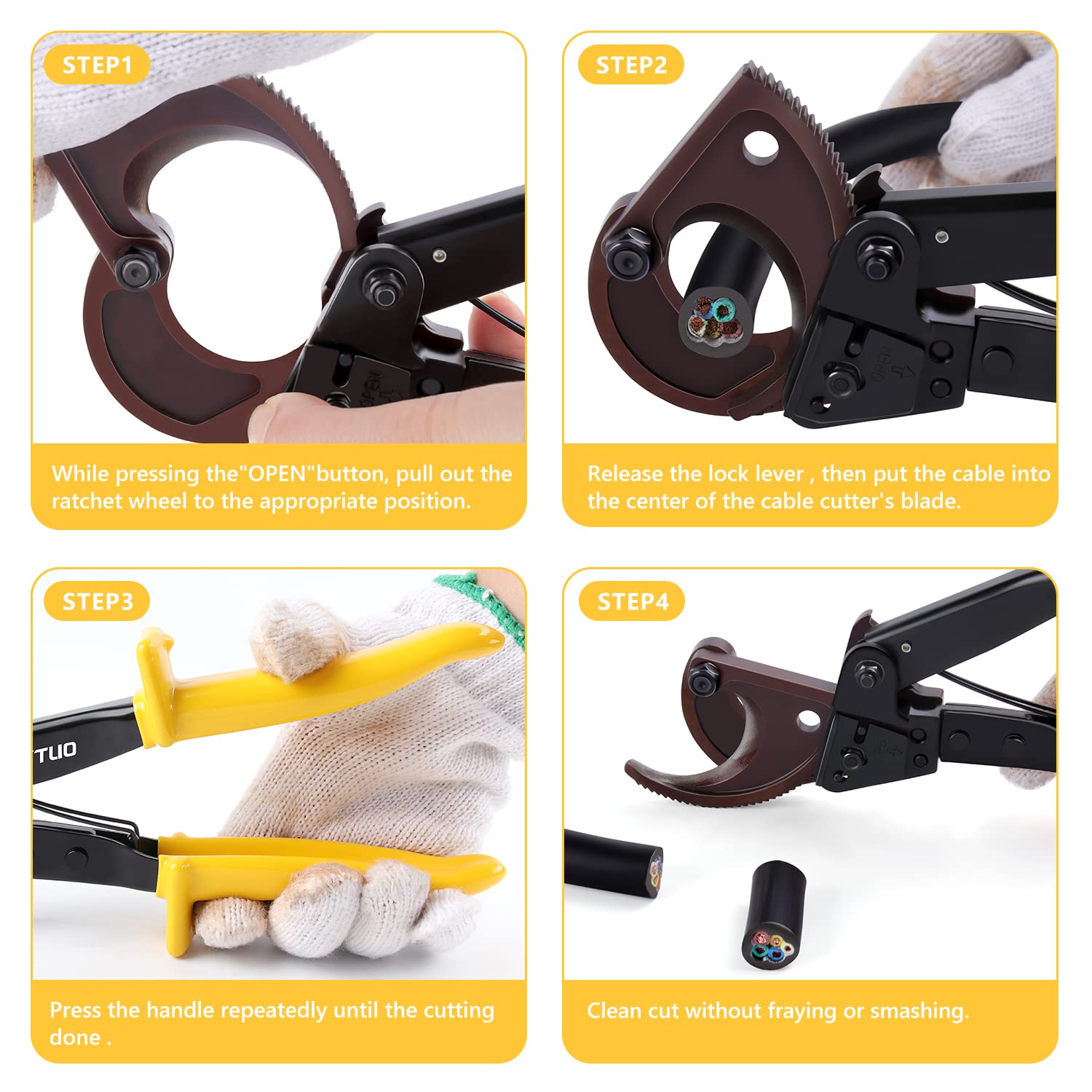 FT-325 - Tagliacavi a cricchetto, strumento resistente per alluminio, rame e fili elettrici fino a 240 mm quadrati (giallo)