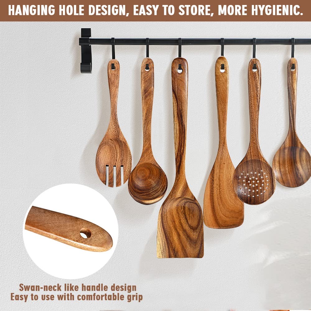 Lot de 10 ustensiles de cuisine en bois de teck naturel avec porte-serviettes, cuillères et spatules