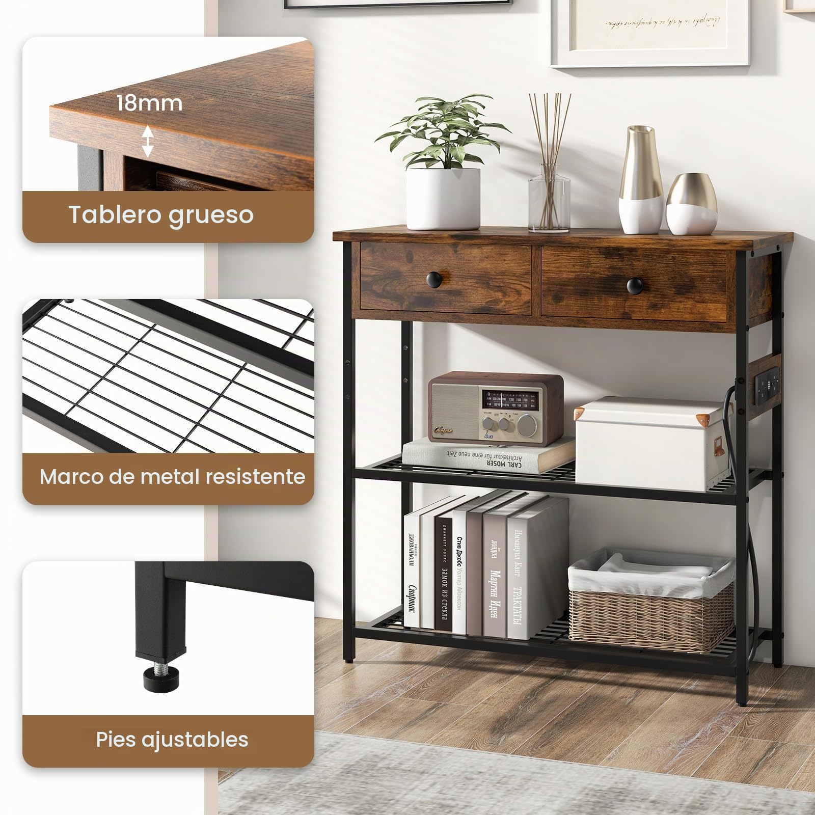 GIANTEX Mesa Consola de 3 Niveles con 2 Cajones y 2 Estantes de Metal, Mueble de Recibidor Estrecha con Estación de Carga, 81 x 30 x 81 cm, Mesa Auxiliar para Salón, Entrada (Marrón Rústico)