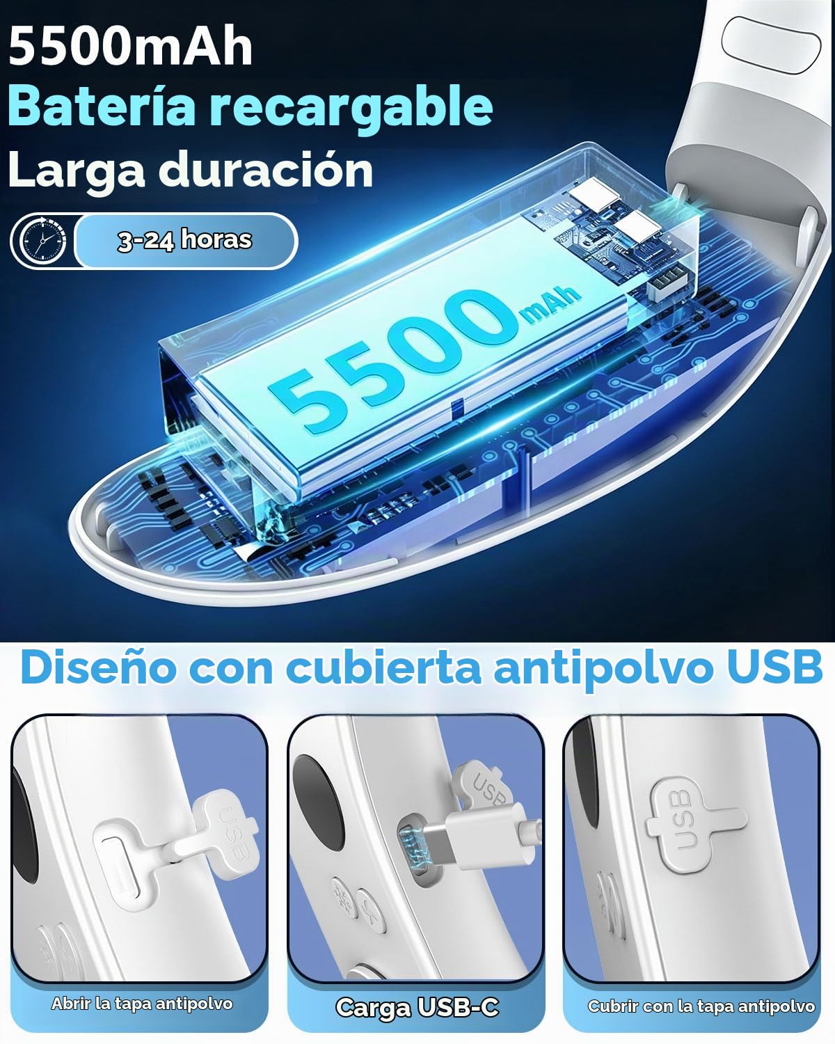 Ventilador de cuello con placa de refrigeración, ventiladores potentes silenciosos de 24 horas que soplan aire frío, pantalla LED de 5 velocidades y potencia, USB de 5500 mAh, sin aspas