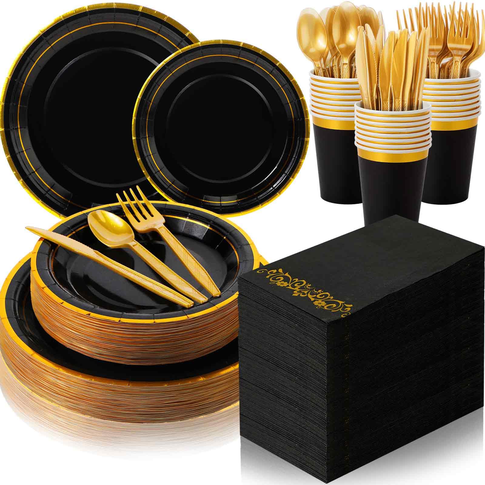 meekoo 350 Pcs Party Supplies for 50 Guests Disposable Party Dinnerware Set Include 100 Party Paper Plates 50 Napkins 50 Gold Rimmed Cups 50 Knives 50 Forks 50 Spoons (Gold and Black,Round)
