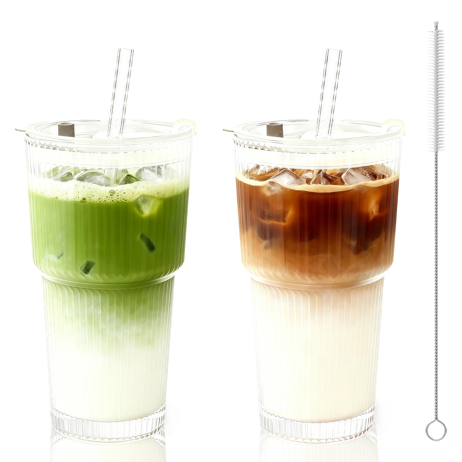 Lot de 2 tasses en verre de 600 ml avec pailles et couvercles en bambou pour vos boissons