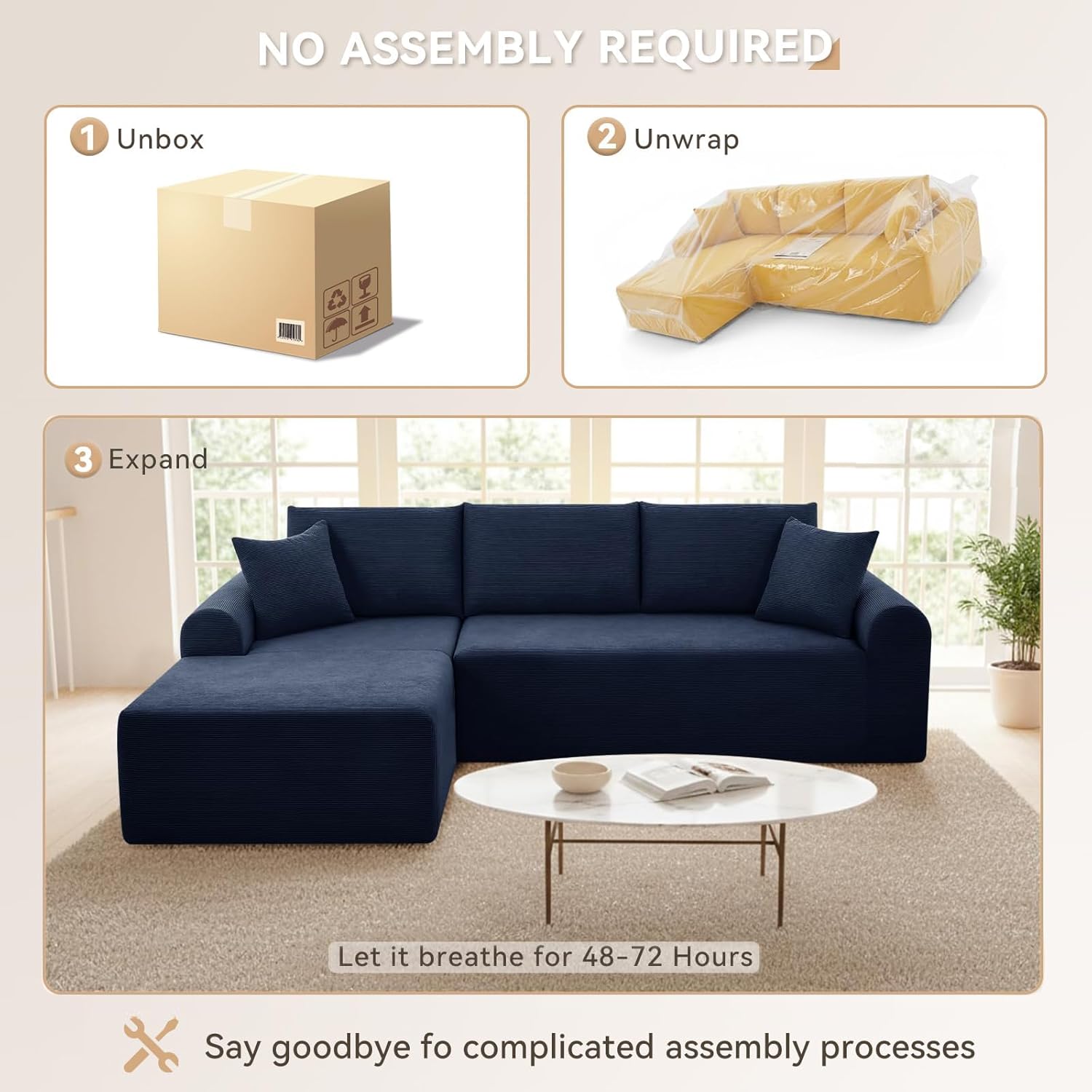 Modular Sectional Sofa with Chaise, Cloud Sectional Couch with Deep Seat, Modular L-Shape Sofa Corduroy Boneless Couch for Living Room,Bedroom,No Assembly Required(Navy Blue, Left Facing Chaise)