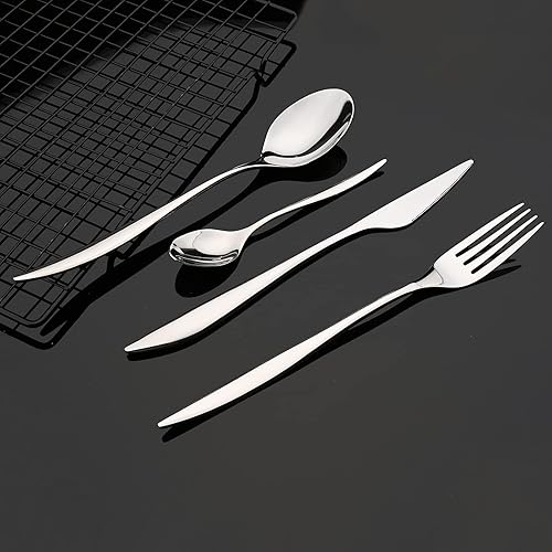 Miniatura 4 de JASHII Juego de cubiertos de acero inoxidable 304, juego de cubiertos plateados, 24 piezas, diseño moderno, regalo de inauguración de la casa,