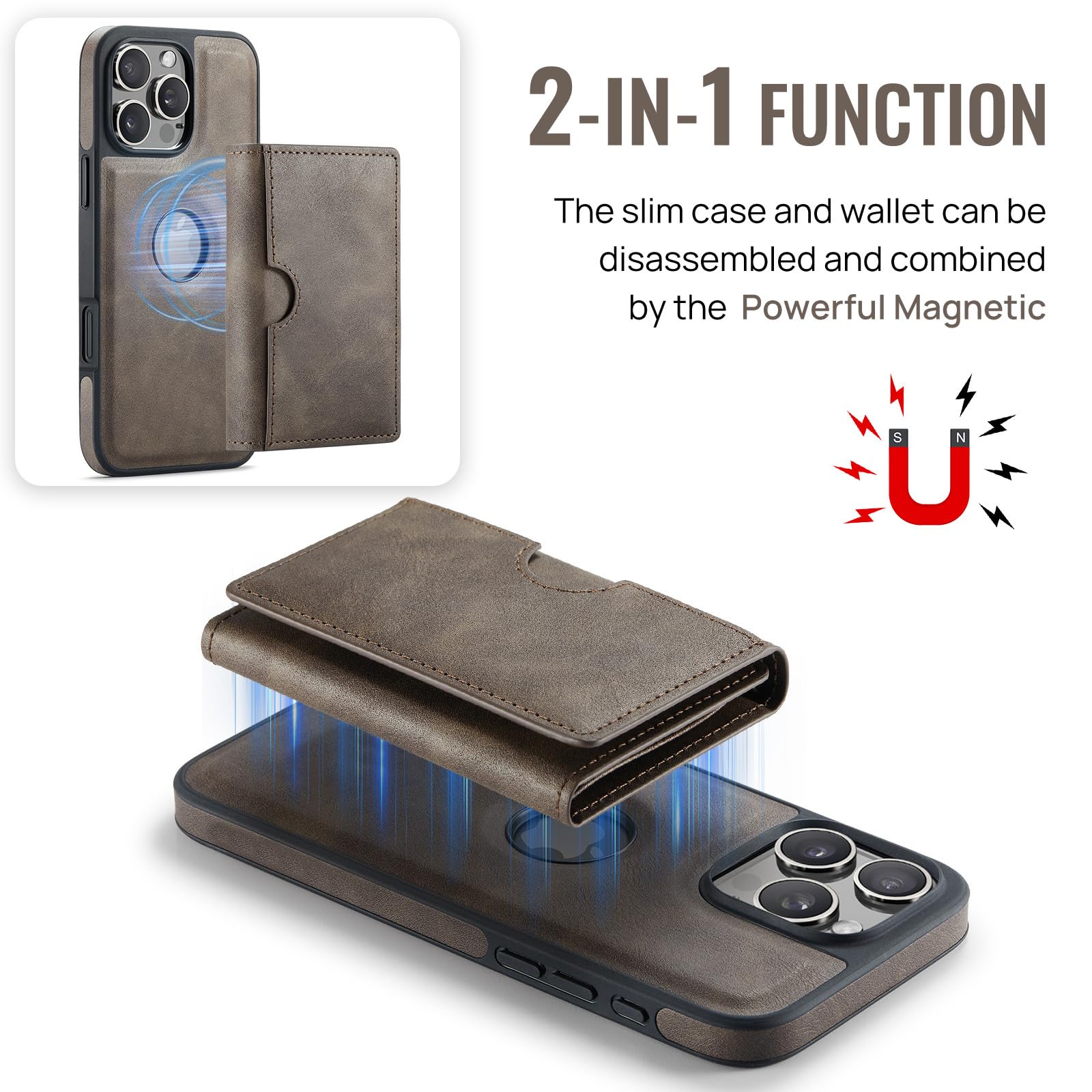 Asuwish Funda de teléfono para iPhone 16 Pro de 6.3 pulgadas, funda magnética desmontable con carga inalámbrica y bloqueo RFID, tarjetero de crédito, soporte abatible, resistente para iPhone 16, i16,