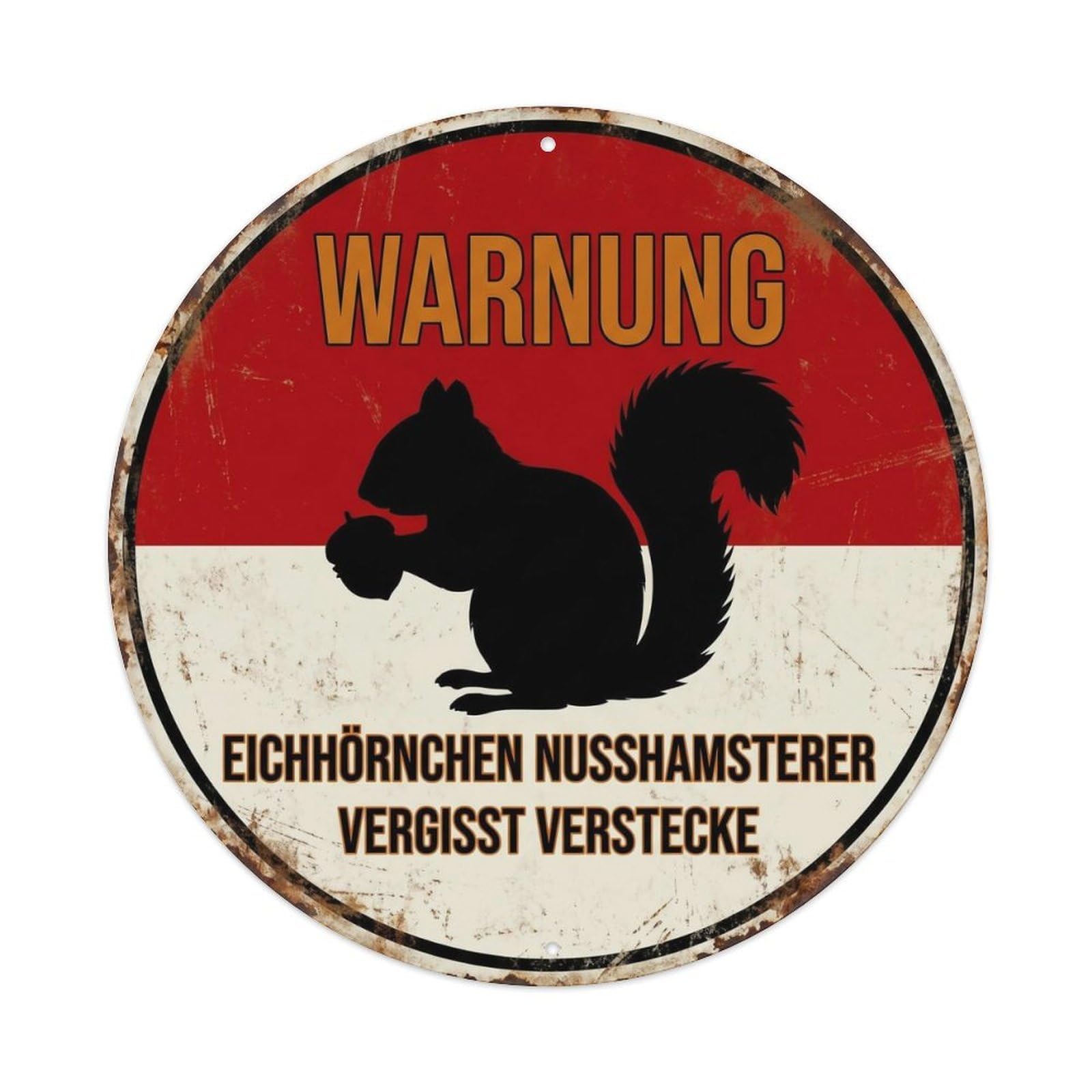 Rustic Squirrel Nut Hoarder Forest Animal Hazard Alert Quirky Metal Tin Sign Plaque Wall Decor for Cafe, Man Cave, Club Bar, Office, Home Garden Round Metal Poster 8x8Inch