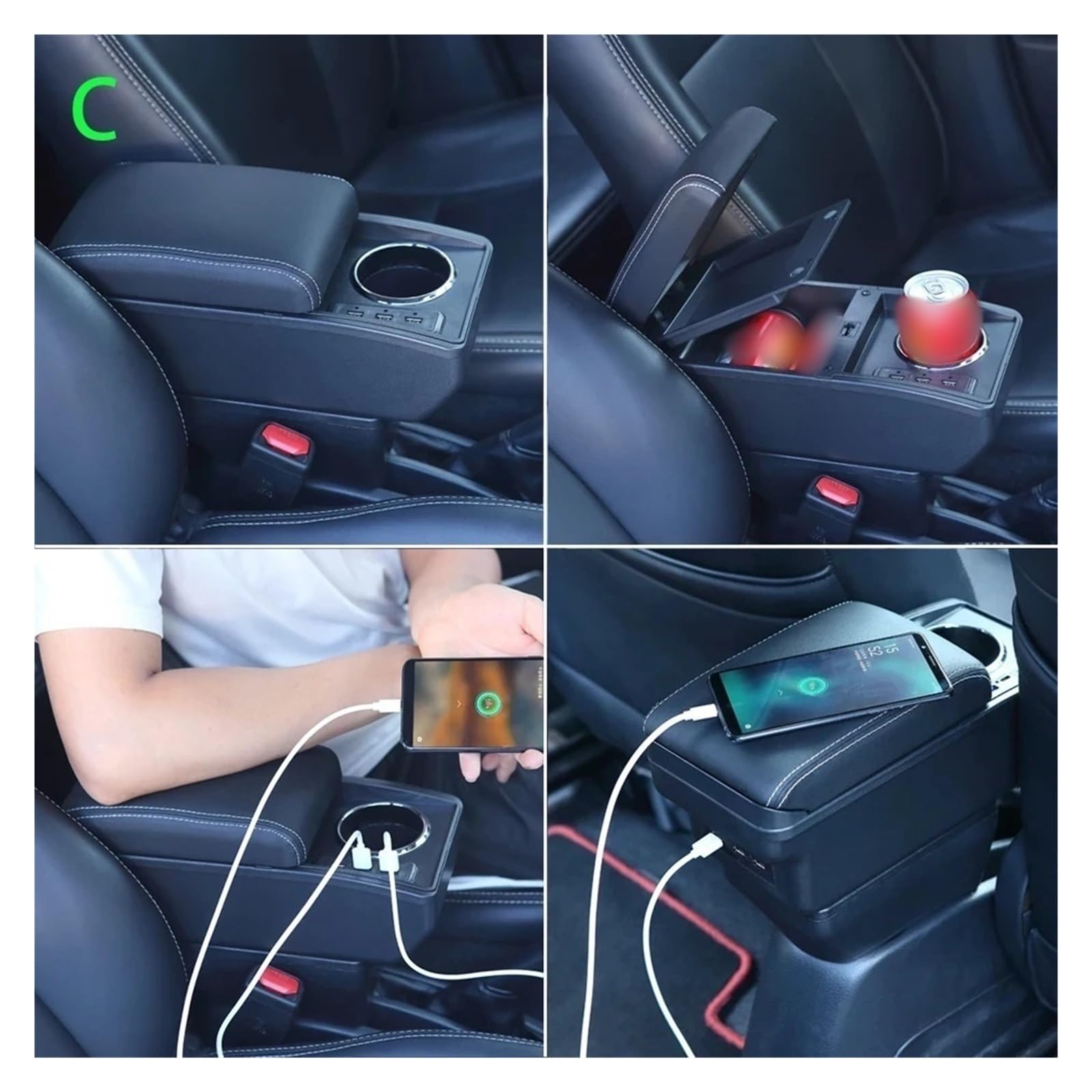 Caja almacenamiento para consola central coche Reposabrazos Universal Para Coche, Caja De Modelo, Almacenamiento Central, Portavasos Dedicado, Piezas Reacondicionamiento(C3 White Line 6USB)