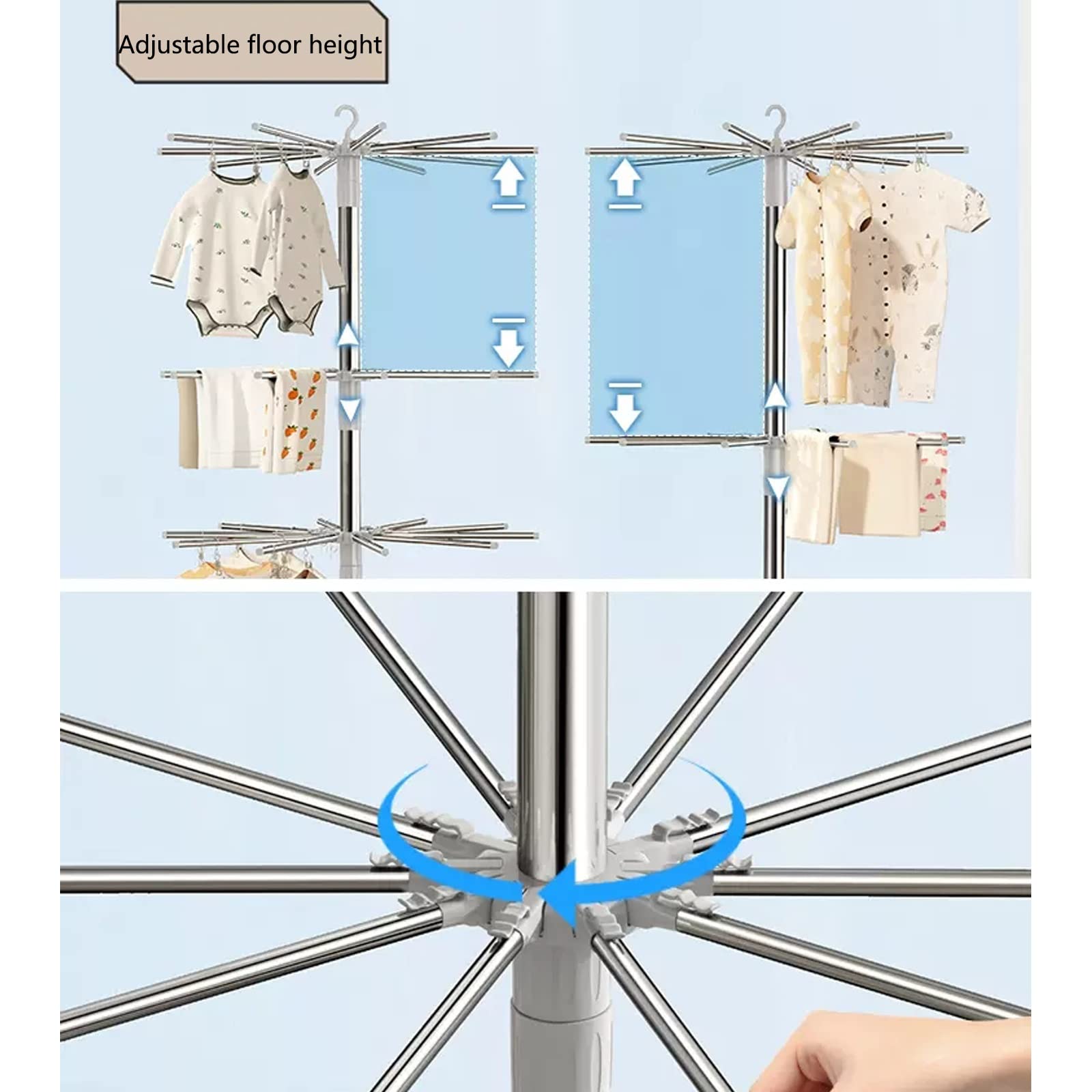 FAXIOAWA Tendedero Plegable para Ropa, de Acero Inoxidable, para Ropa, Toallas, Productos para bebés, Altura Ajustable, Suelo Plateado