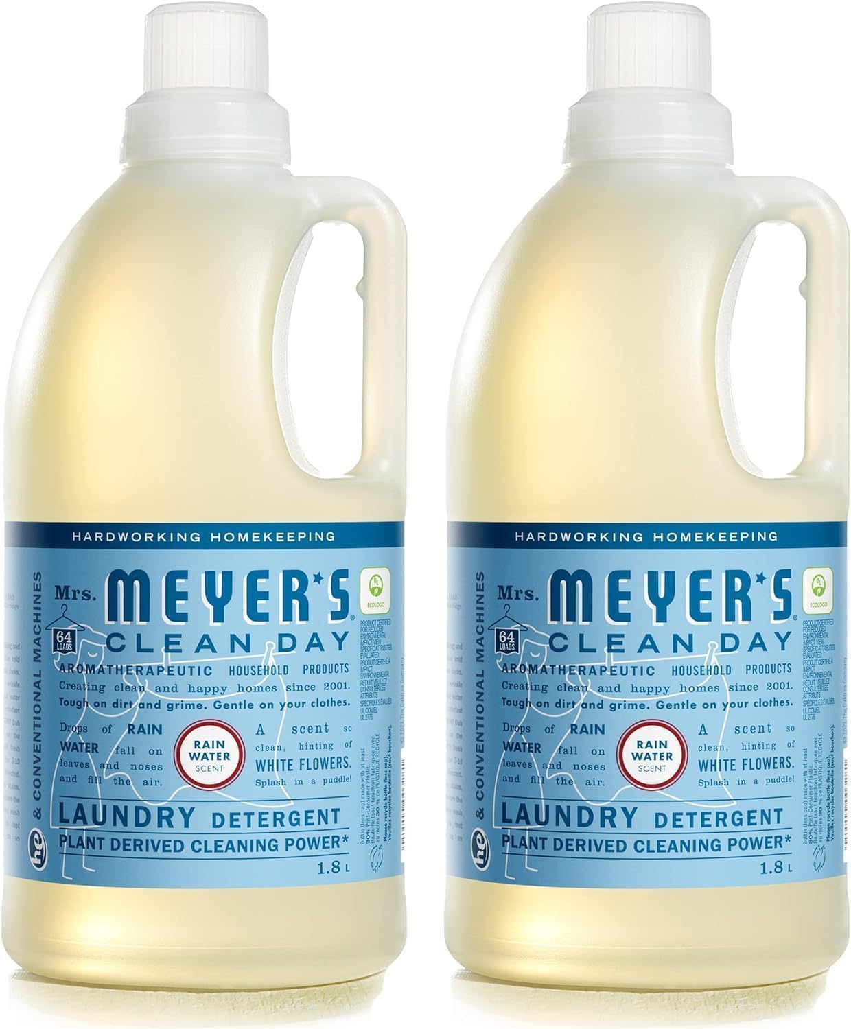 Liquid Laundry Detergent, Biodegradable Formula Infused with Essential Oils, Rain Water, 64 oz - Pack of 2 (128 Loads)