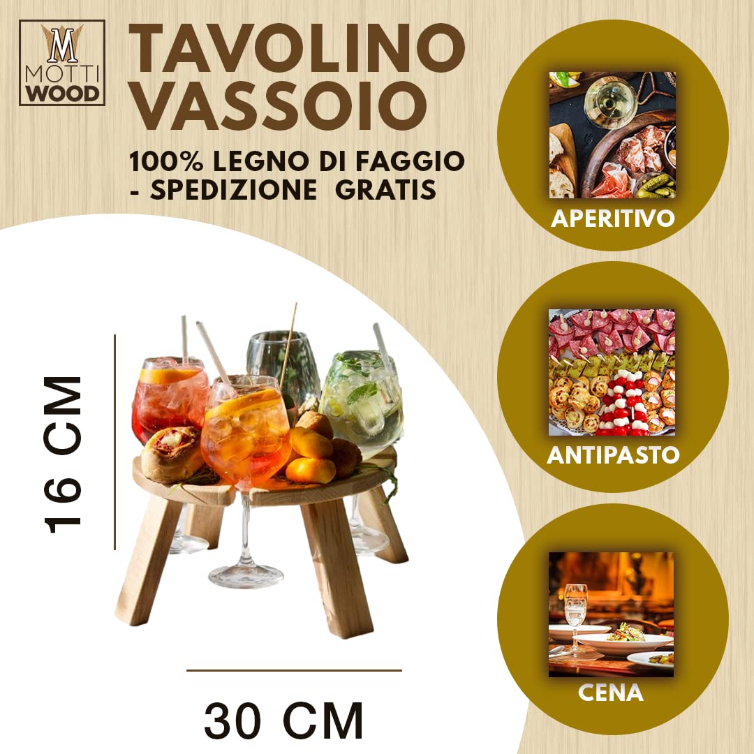 Aperitief dienblad, 100% beukenhout, 4 vakken voor bekerhouder, gemaakt in Italië