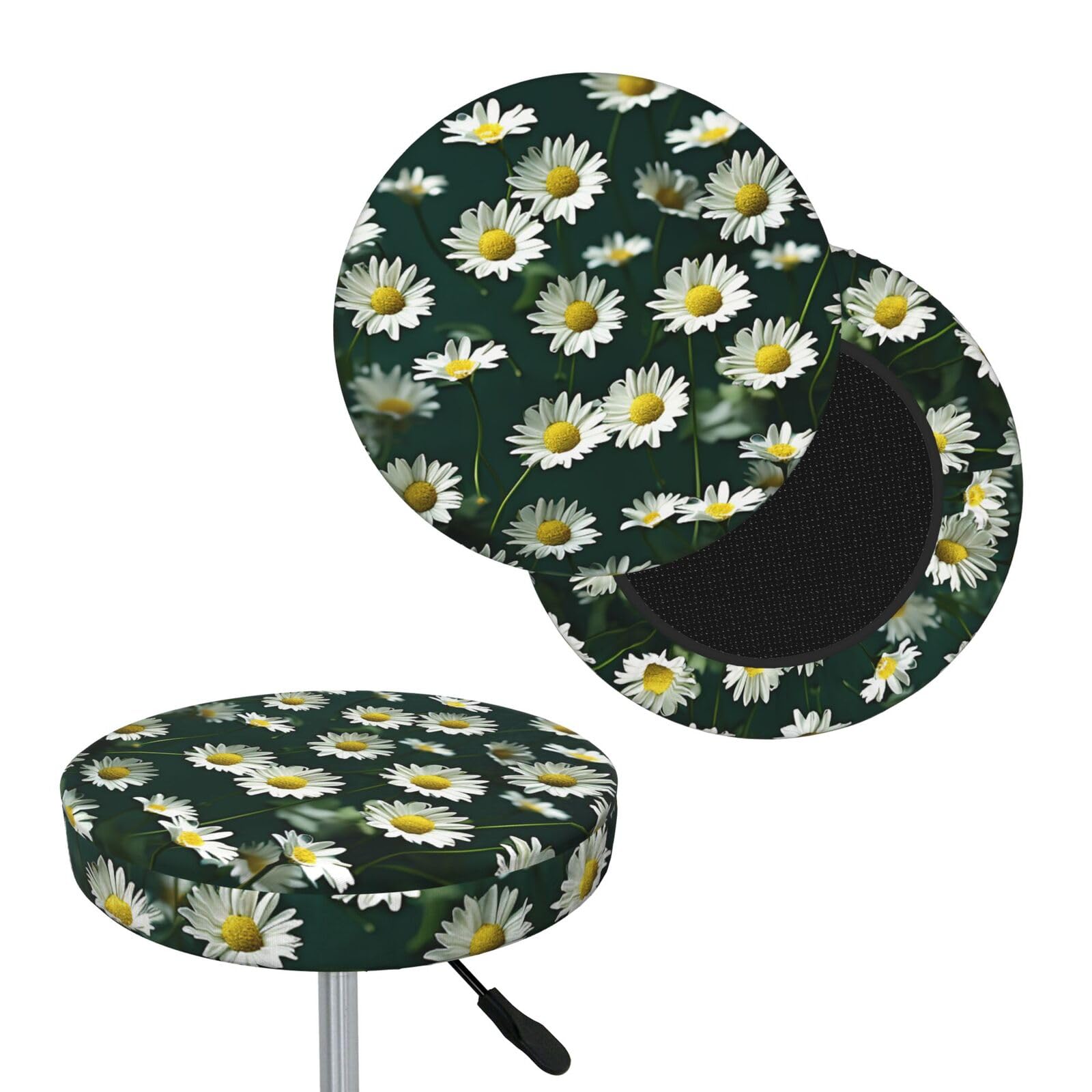 NONHAI Green Daisy Background Bar Stool Cover Round Elastic Stool Cushion Covers Dustproof Bar Chair Cover Washable Stool Cushion Slipcover Stretch Stool Seat Covers for 12-14 Inch Chair