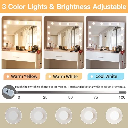 Miniatura 5 de Titoni Juego de mesa de tocador con espejo iluminado, tocador de maquillaje con estación de carga, cajón grande de madera resistente con luces, 3