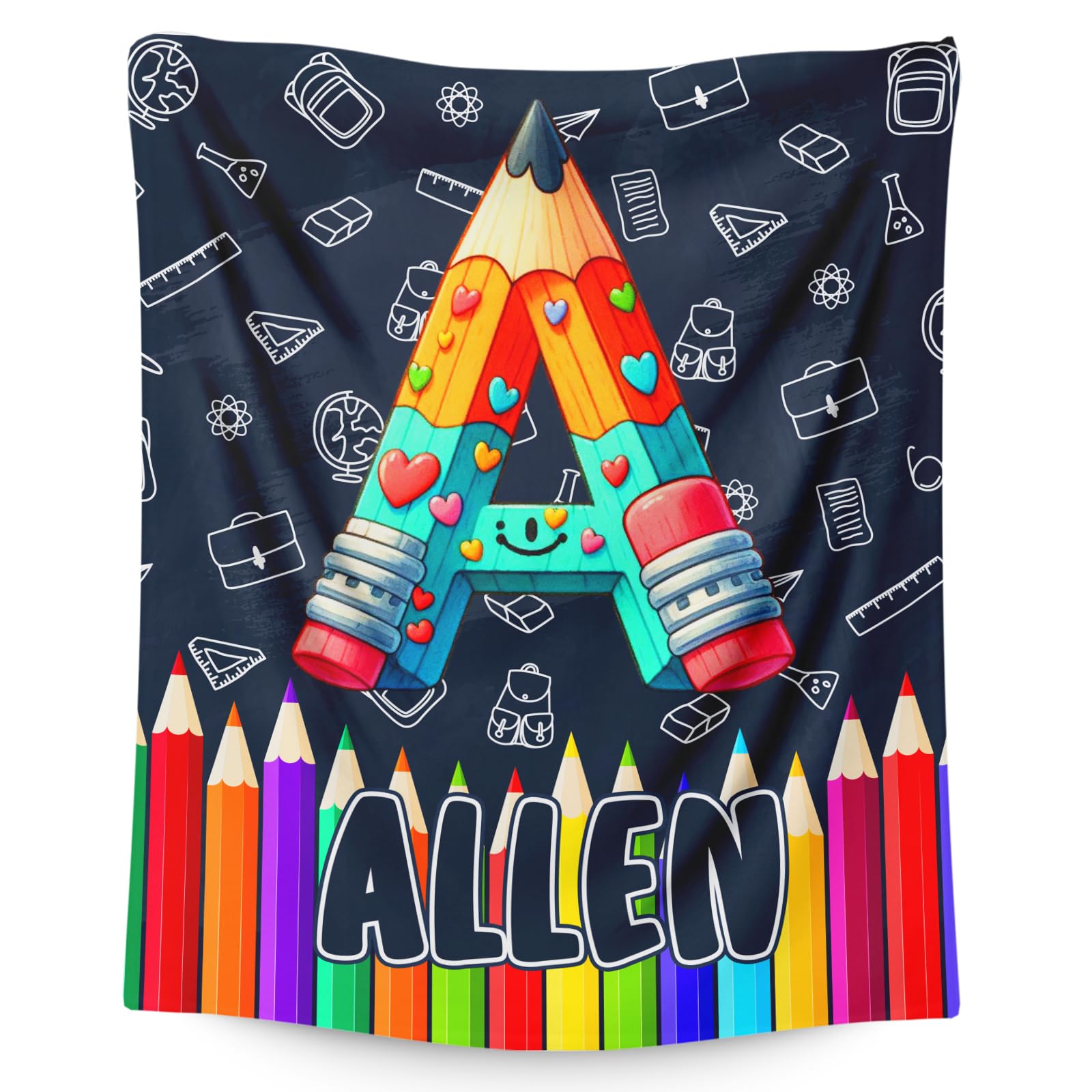 GiftRomance Custom Initial Blanket with Name – Personalised Colourful Pencil Fleece Throw for Boys and Girls, Soft Cosy Bed Blanket