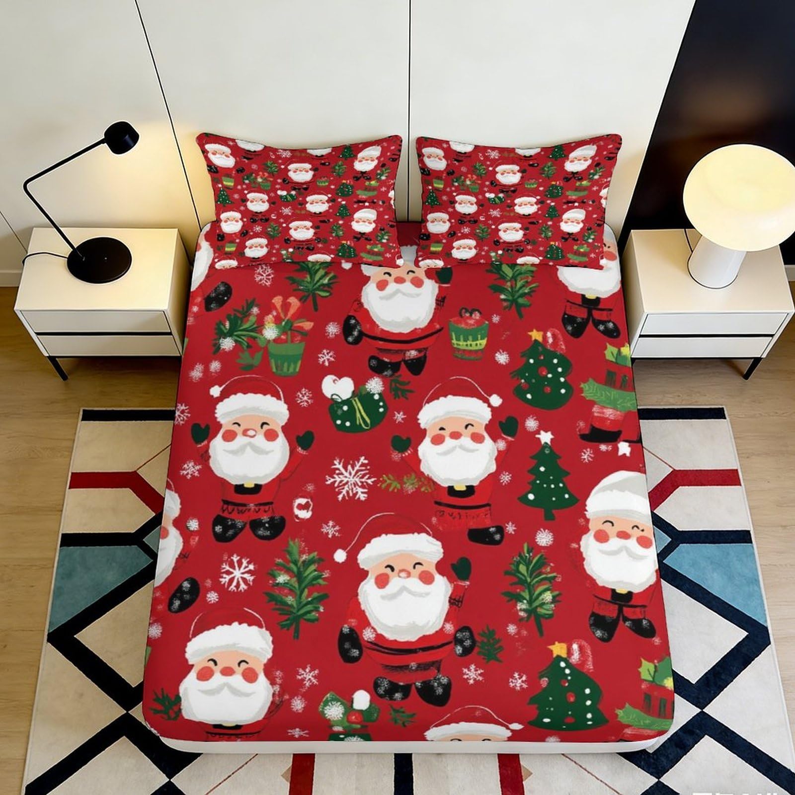 3D Printed Santa Claus Red Christmas Fitted Sheet Microfiber Bed Cover Non-slip Easy Care for Bedroom Guest Room 160x200x25cm