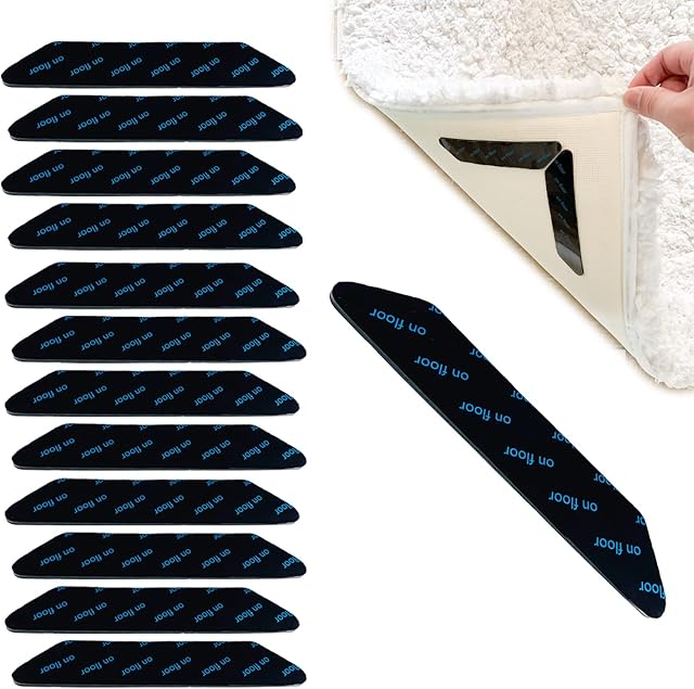 Jandowfly Pack of 12 Anti-Slip Rug Gripper, Reusable Anti Curling Carpet Stickers, Washable Carpet Corner Rug Grippers for Wooden, Laminate,Tiled and Hard Floor (Black)