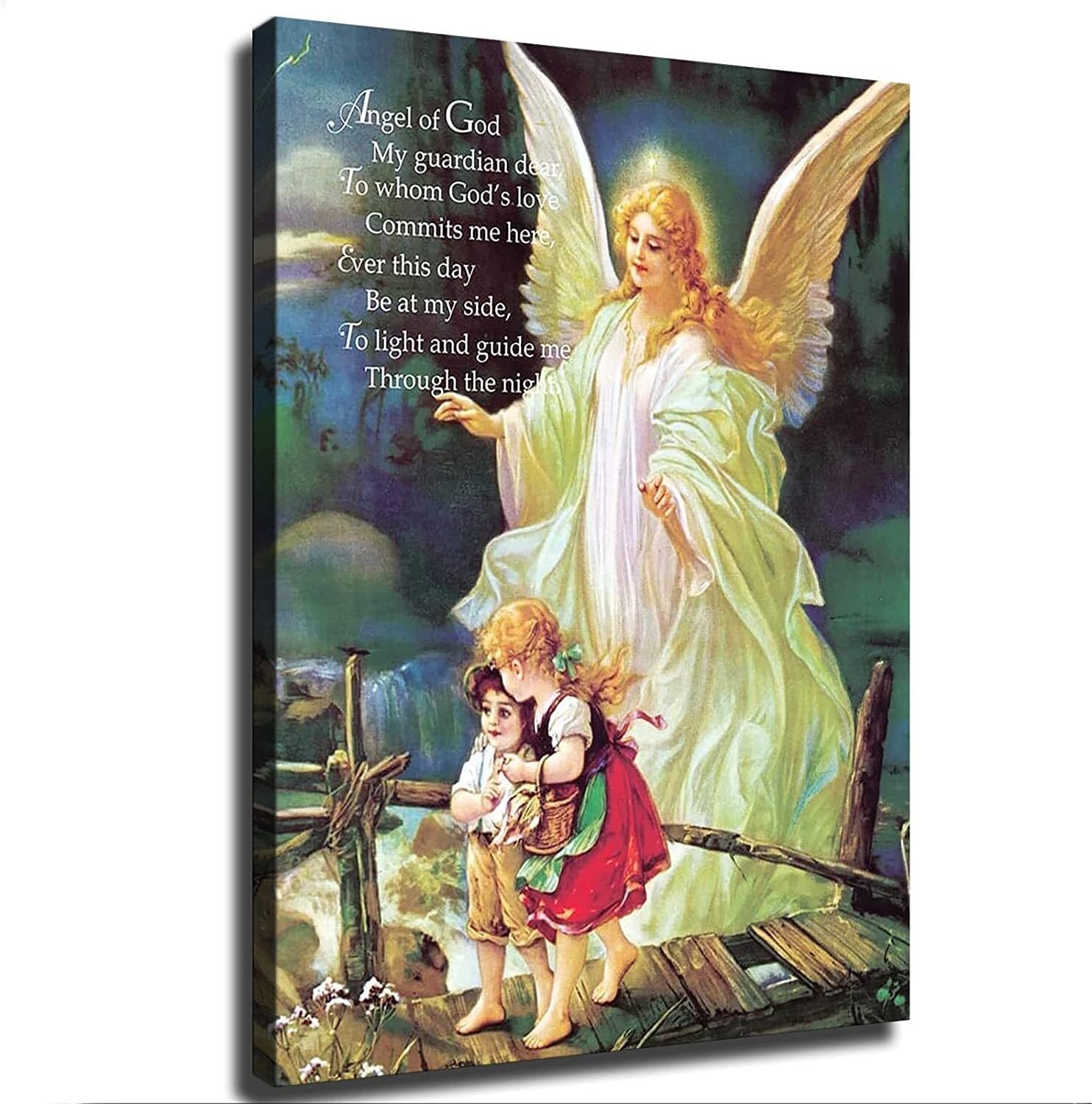SSOPTMCB on Bridge with Angel Canvas Print - Religious Wall-Art Featuring Classic Prayer Poem, Inspirational Gift for Baptism, First Communion, Home(Framed,16x24inch(40x60cm))