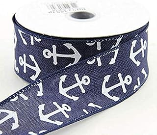Anchor Wired Ribbon, Blue & Ivory, 1.5 inch x 10 Yard, Boat, Nautical, Ocean, RG0148819