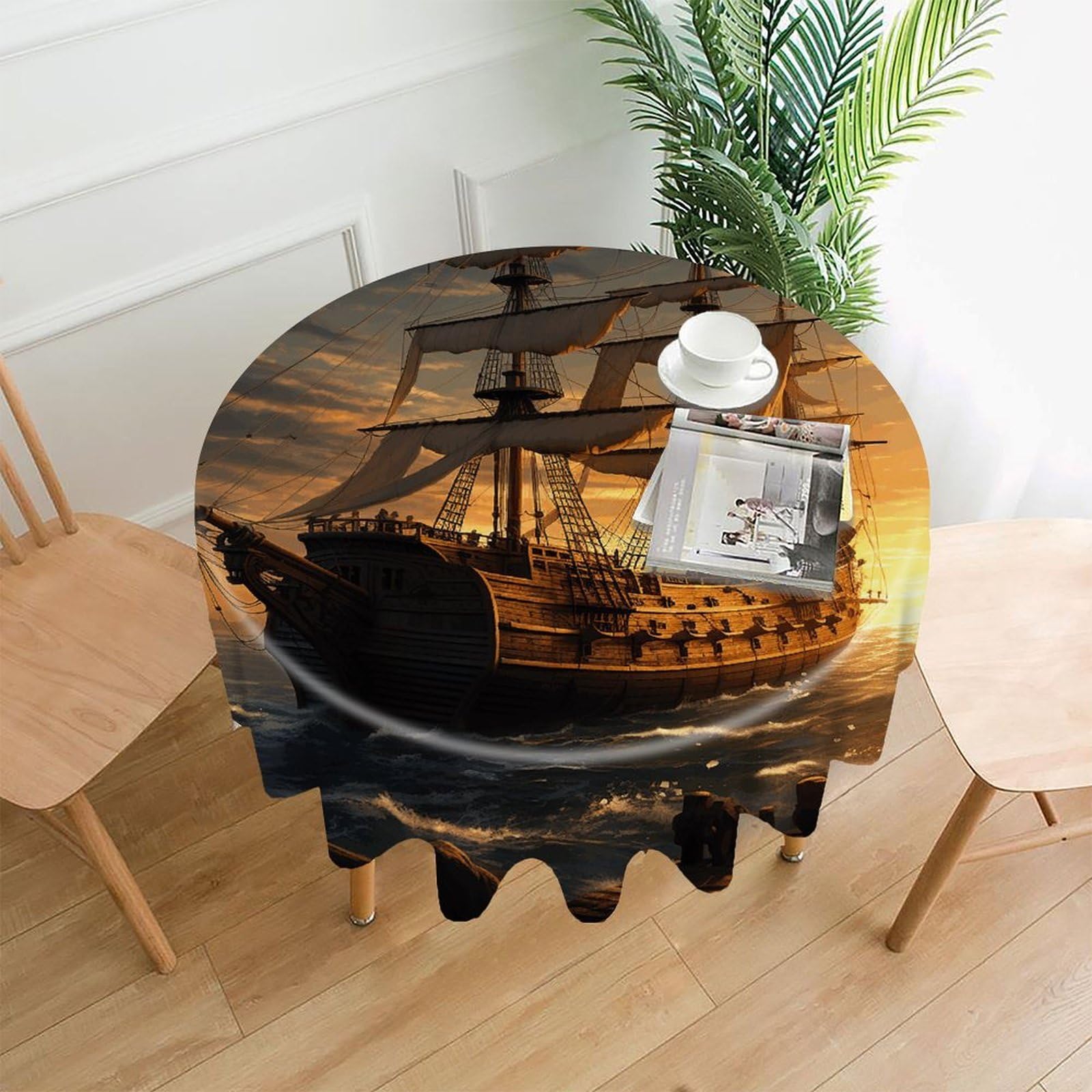 VstaDank Fantasy Pirate Ship Tablecloth Easy to Clean Polyester Round Table Cover Washable Round Table Cloth Wrinkle-Free Circle Decoration Tablecloth for Kitchen Dining Room 60"